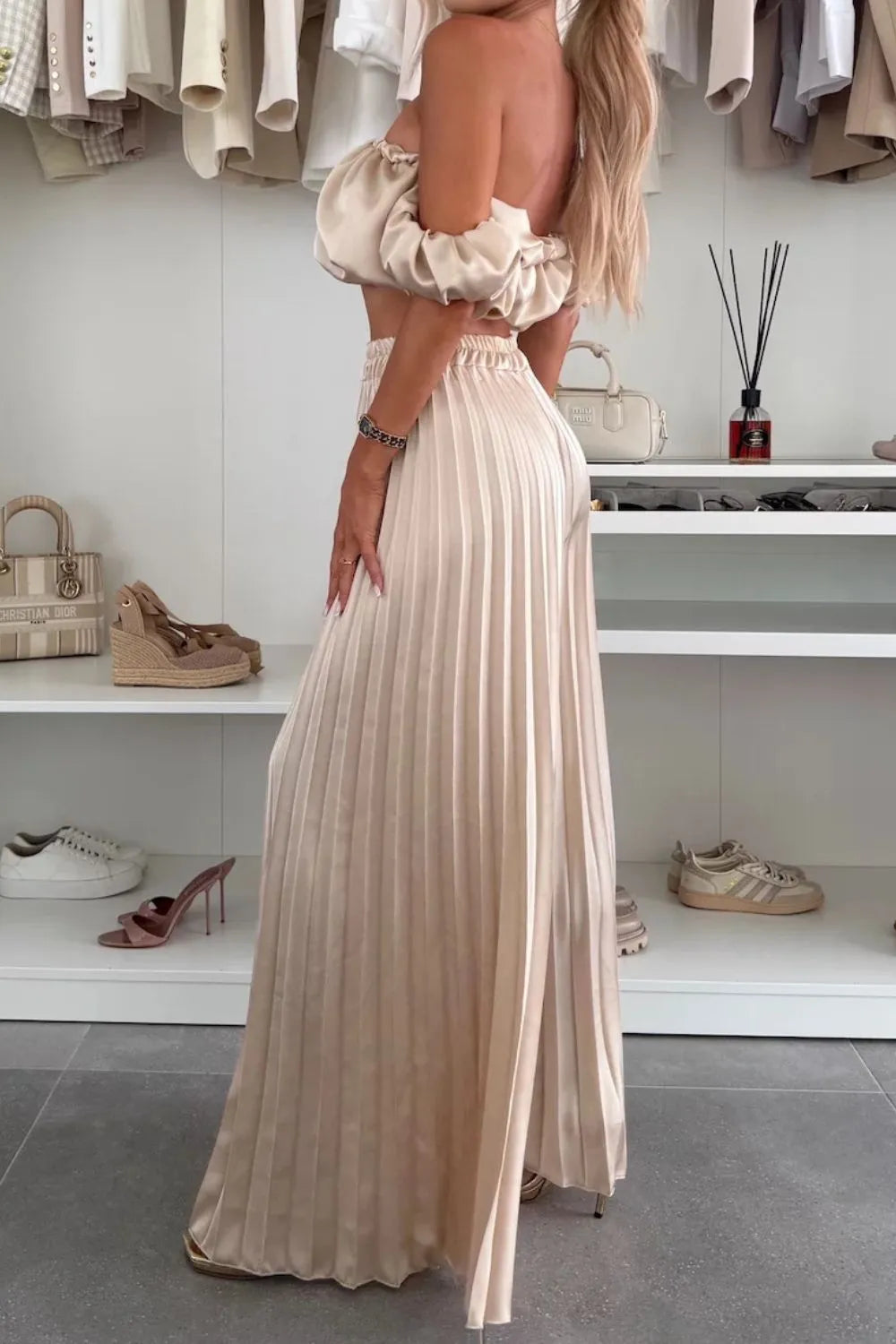Off-Shoulder Top and Pleated Pants Set