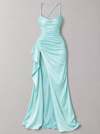 Satin Ruched High-Slit Maxi Dress