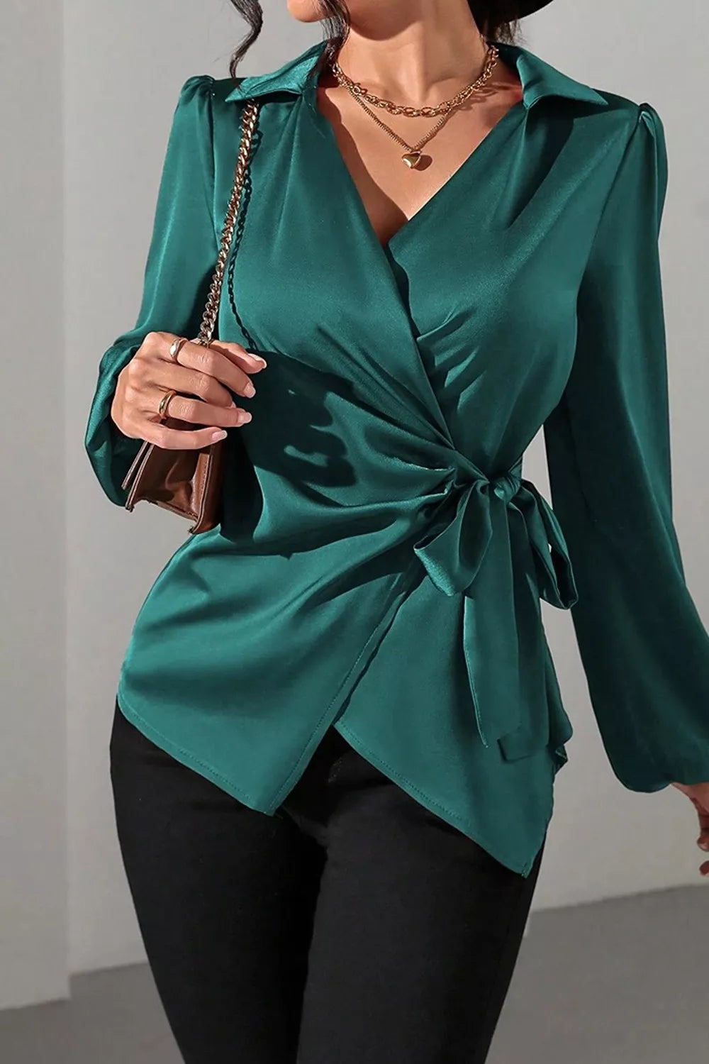 Satin Tied Detail Long Sleeve Blouse