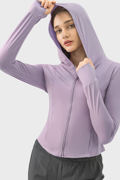 Pocketed Zip Up Hooded Long Sleeve Active Outerwear - MONLANE