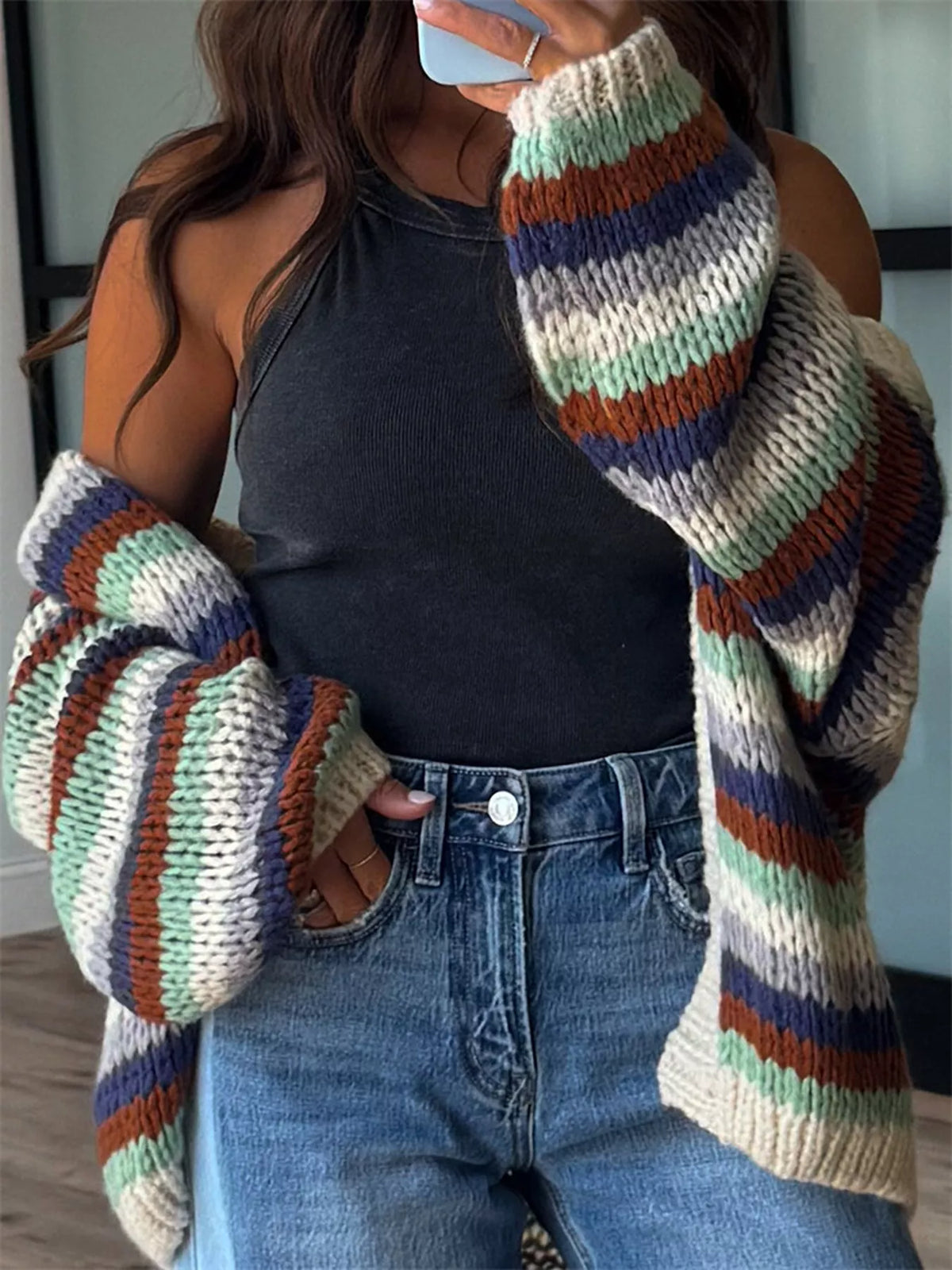 Multi-Color Striped Chunky Knit Open-Front Cardigan
