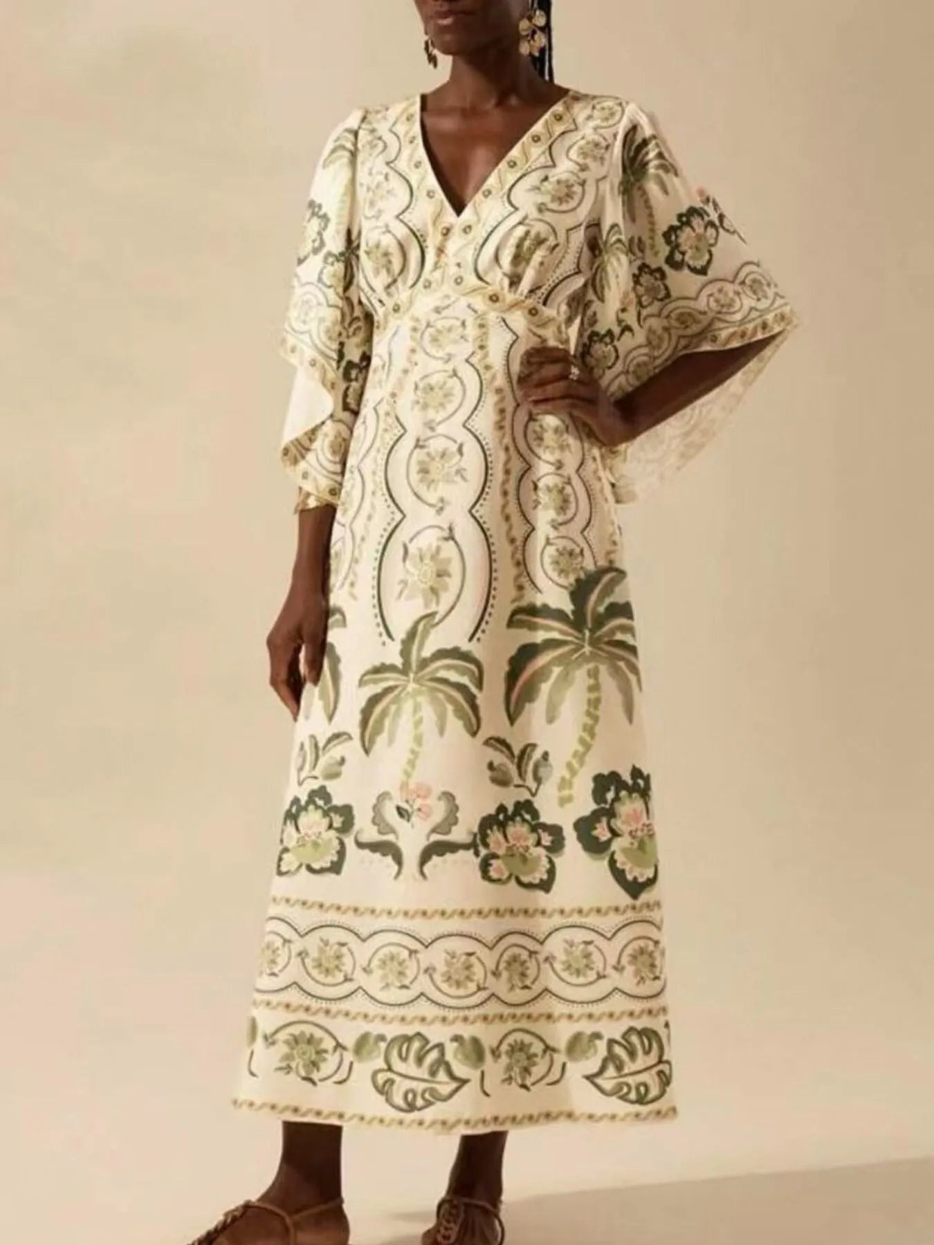 Palm Print V-Neck Midi Dress