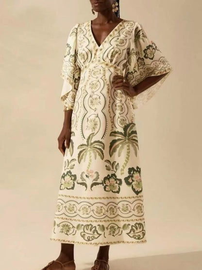 Palm Print V-Neck Midi Dress