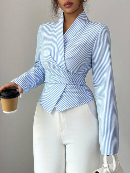 Striped Long Sleeve Wrap Blouse