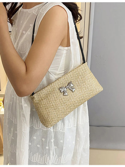 Woven Straw Shoulder Bag with Bow Detail