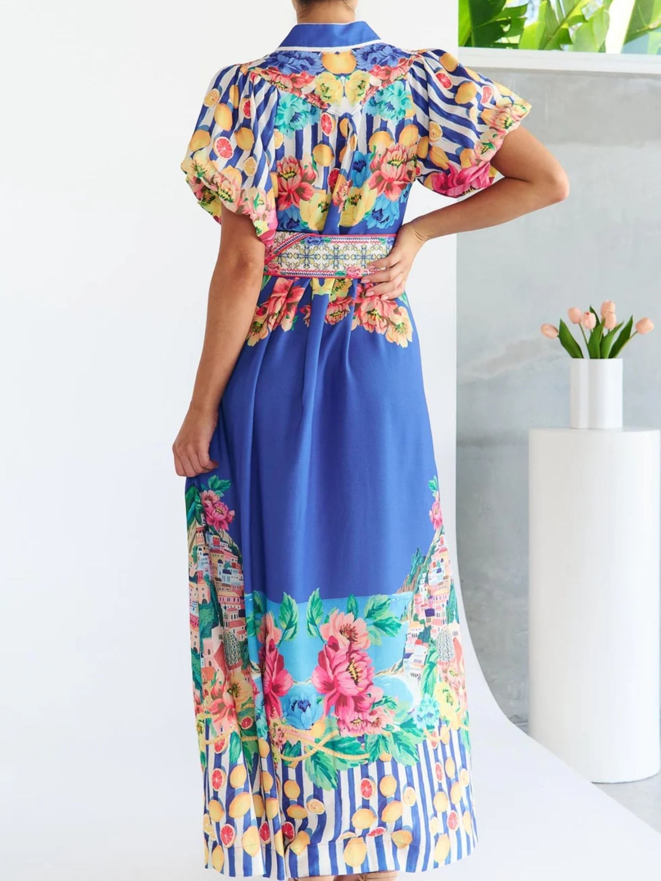 Printed Button Front Puff Sleeve Dress