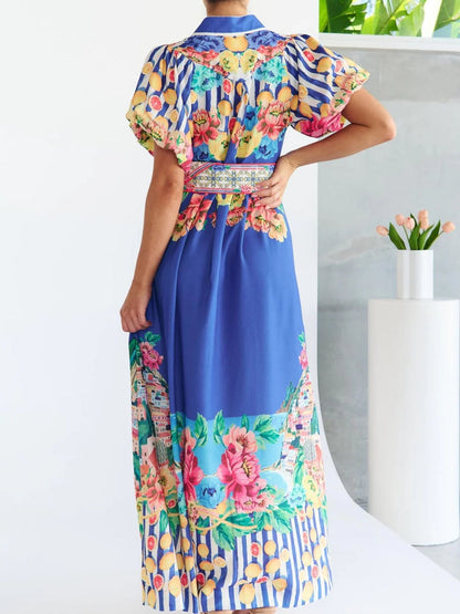 Printed Button Front Puff Sleeve Dress
