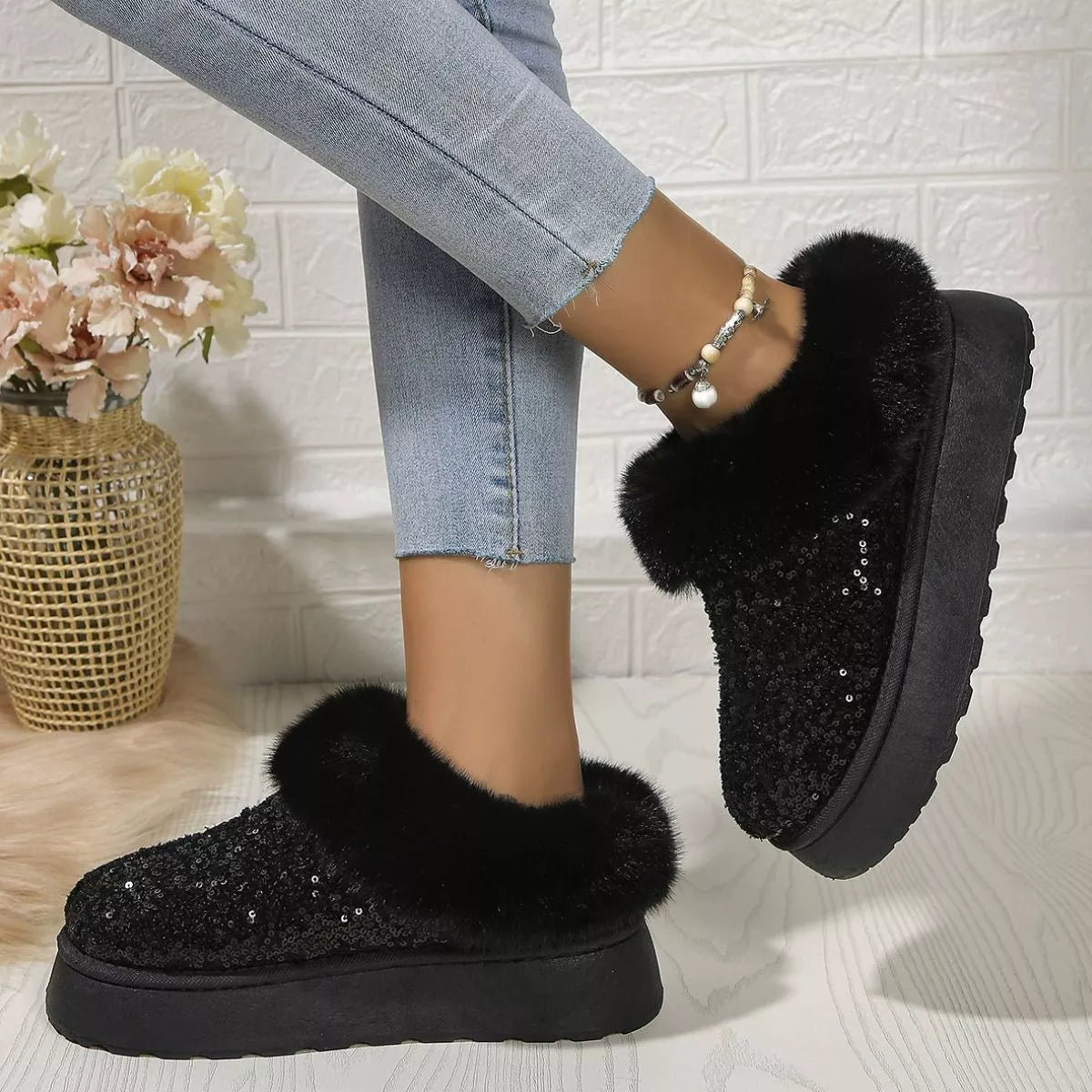 Sequin Round Toe Platform Boots