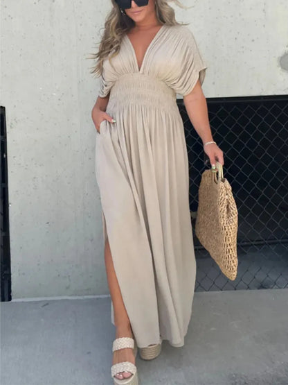Full Size Deep V-Neck Maxi Dress with Side Slit
