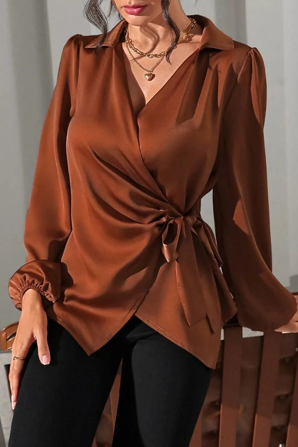 Satin Tied Detail Long Sleeve Blouse