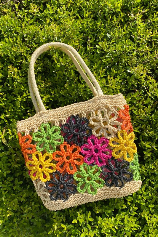 Handmade flower power paper straw tote bag