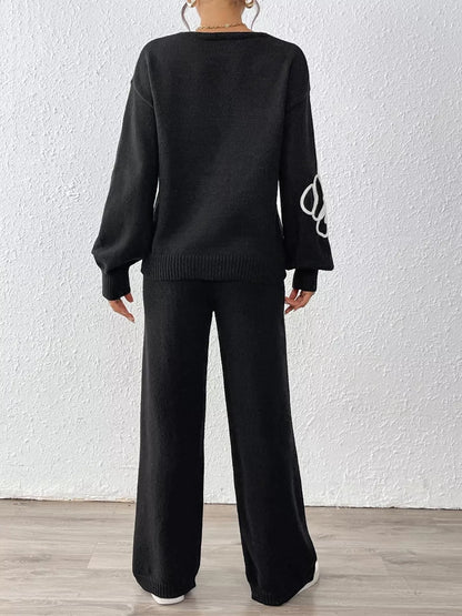 V-Neck Dropped Shoulder Top and Pants Sweater Set