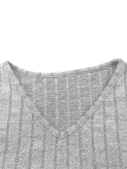 Slit V-Neck Ribbed Top and Pants Set