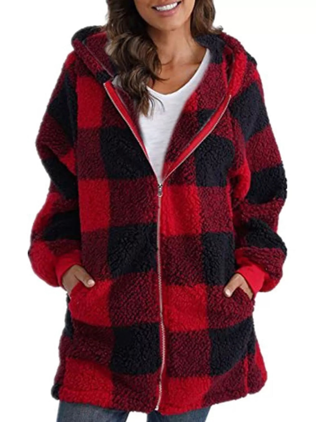 Plaid sherpa hooded zip-up jacket, view 22