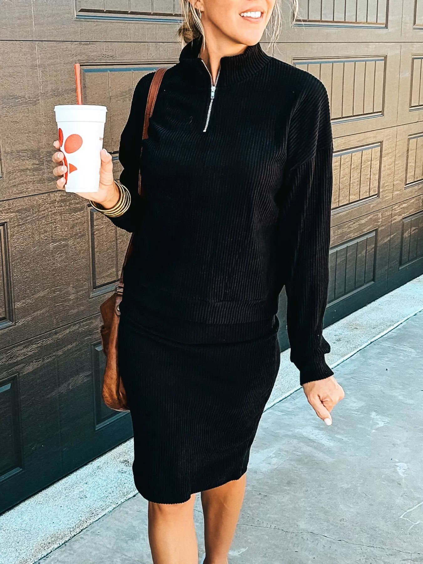 Ribbed Knit Zip Skirt Set