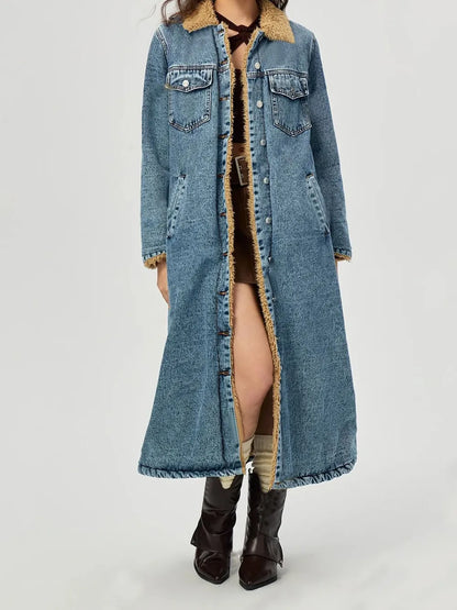 Pocketed Denim Jacket with Fur Lining