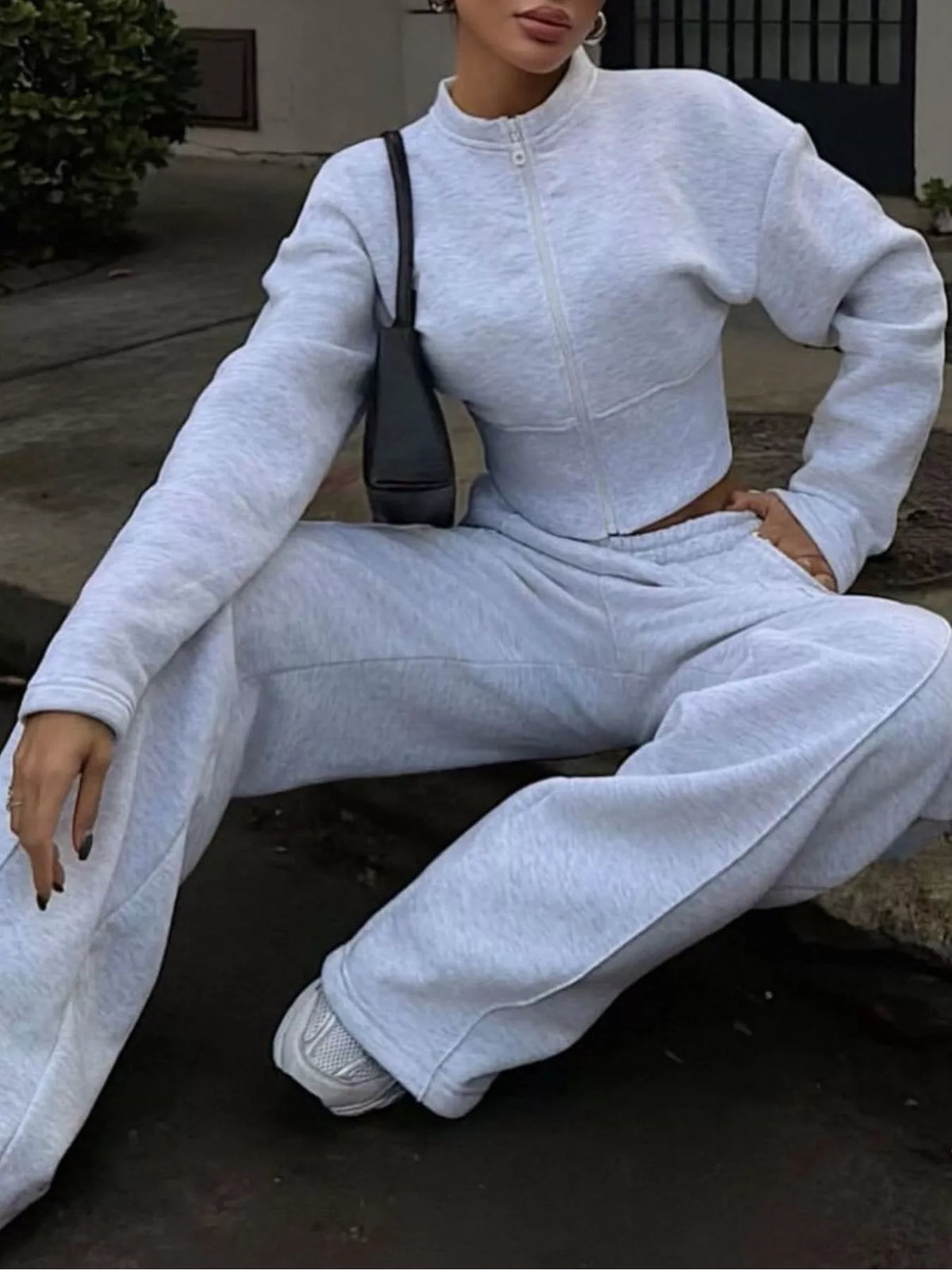 Zip-Up Crop Jacket and Wide-Leg Pants Set