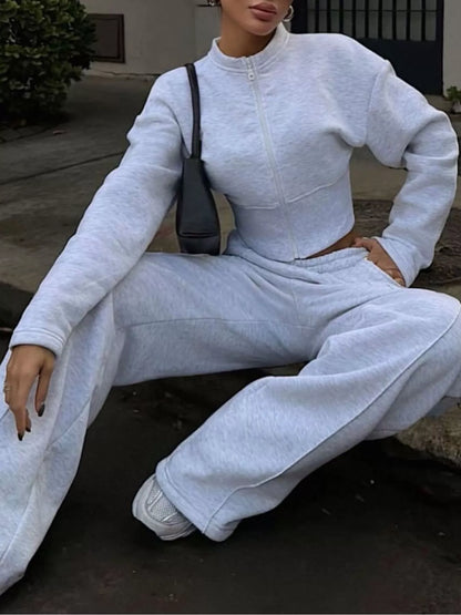 Zip-Up Crop Jacket and Wide-Leg Pants Set