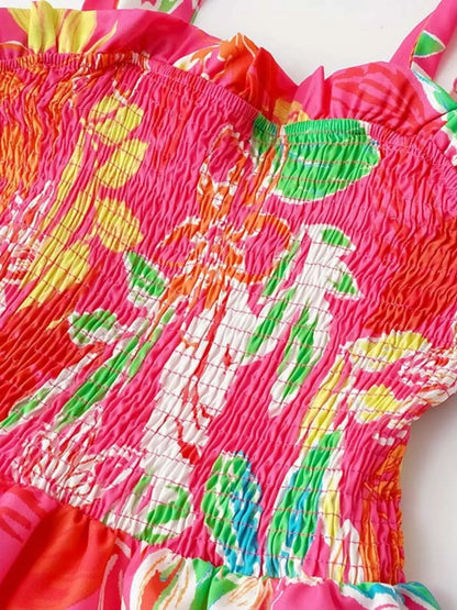 Tropical Print Smocked Tie-Strap Dress