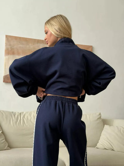 Lace accent zip-up jacket set, view 13