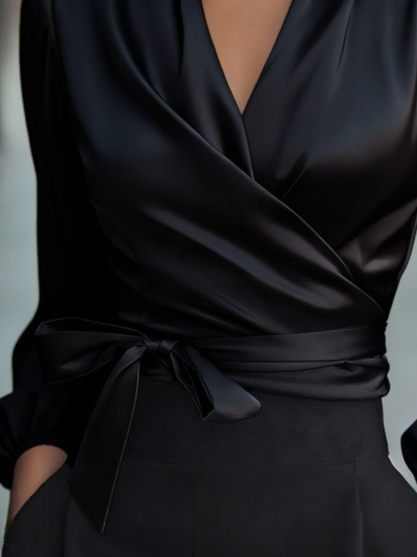Satin Tie Waist Wrap Blouse