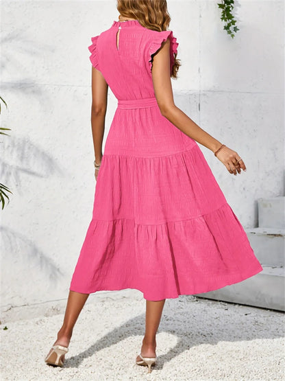 Ruffled Cap Sleeve Midi Mock Dress