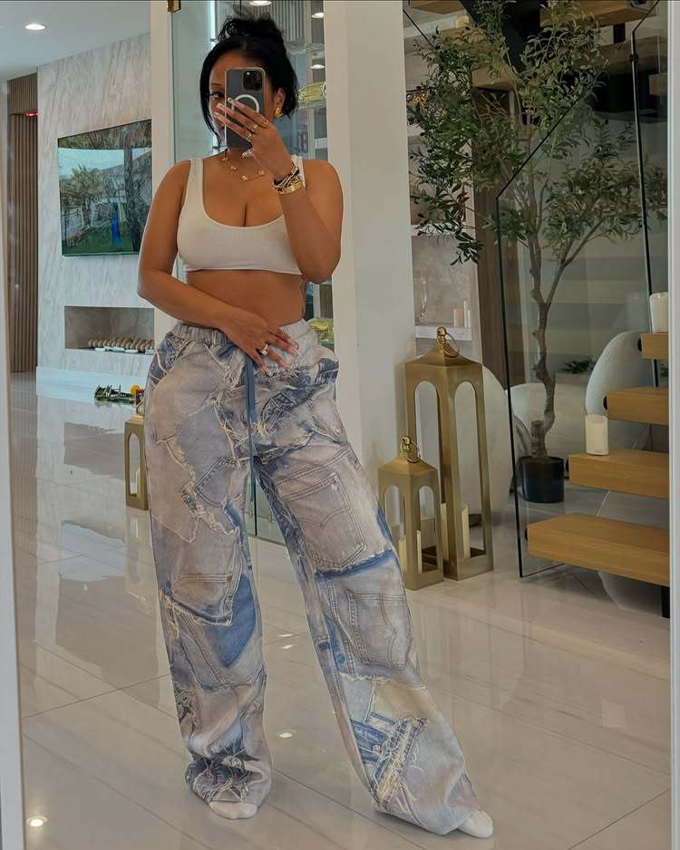 Printed Imitation Denim Loose Leg Pants