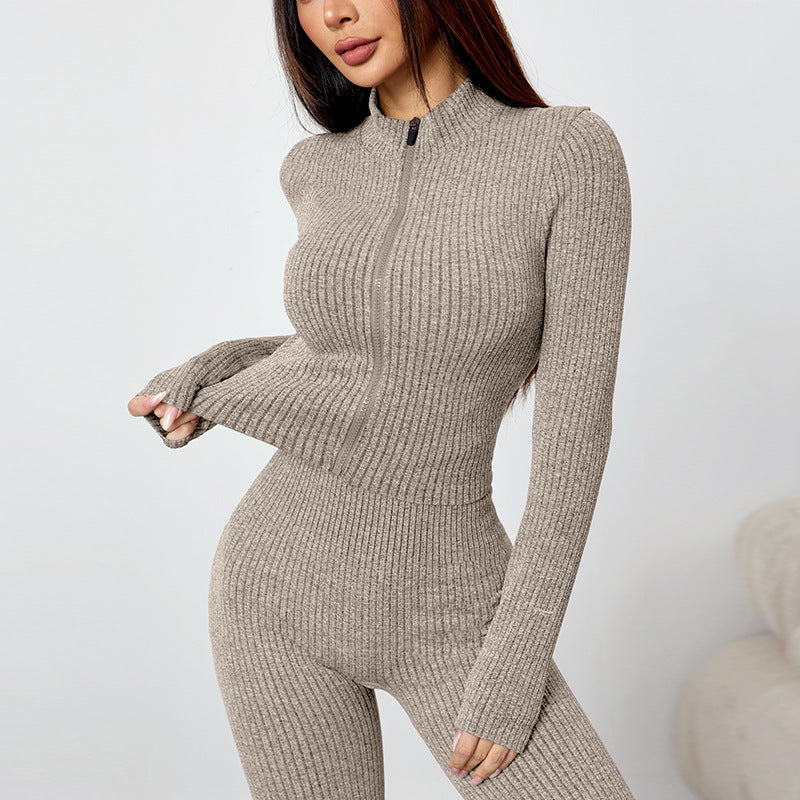 External threaded zipper yoga suit set
