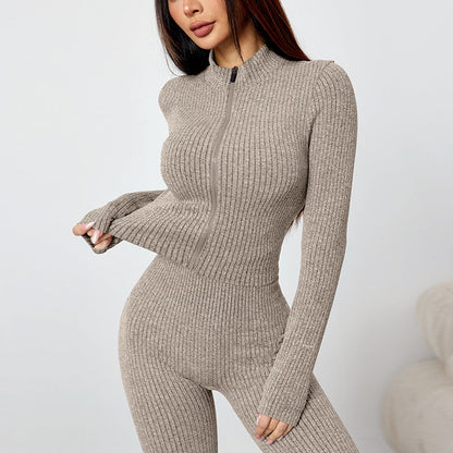 External threaded zipper yoga suit set