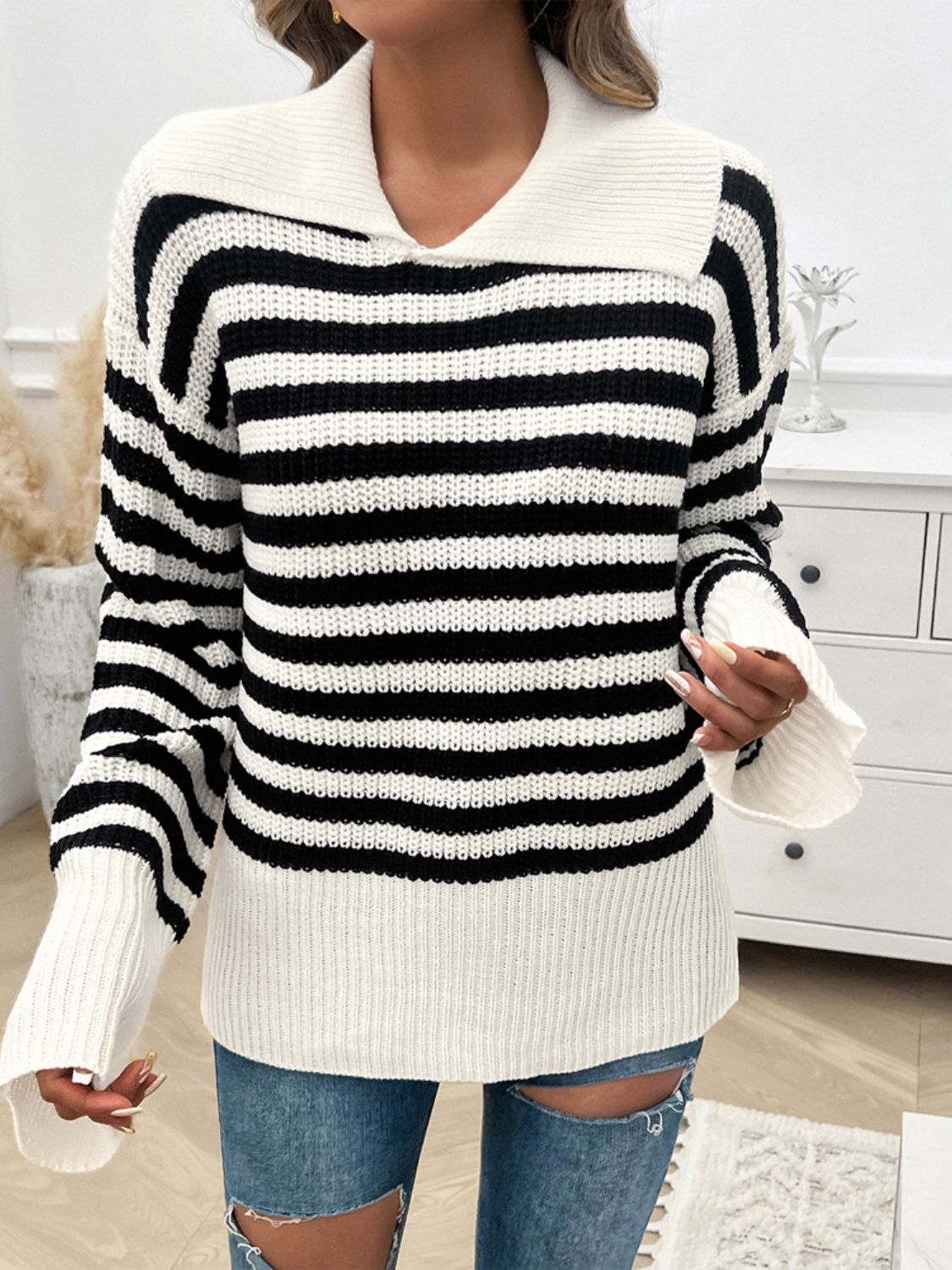 Collared Neck Long Sleeve Sweater