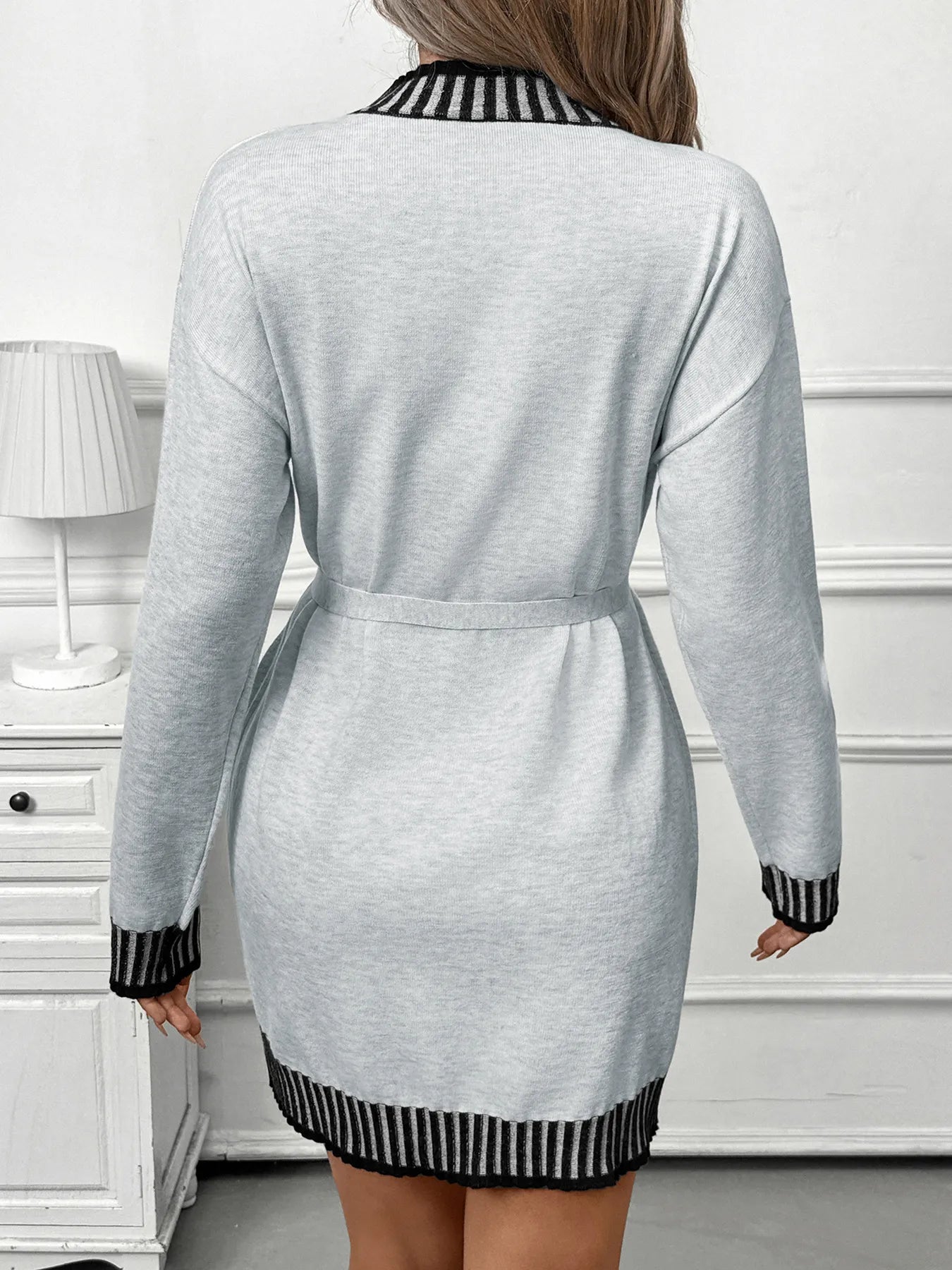 Striped Trim Tie Waist Sweater Dress