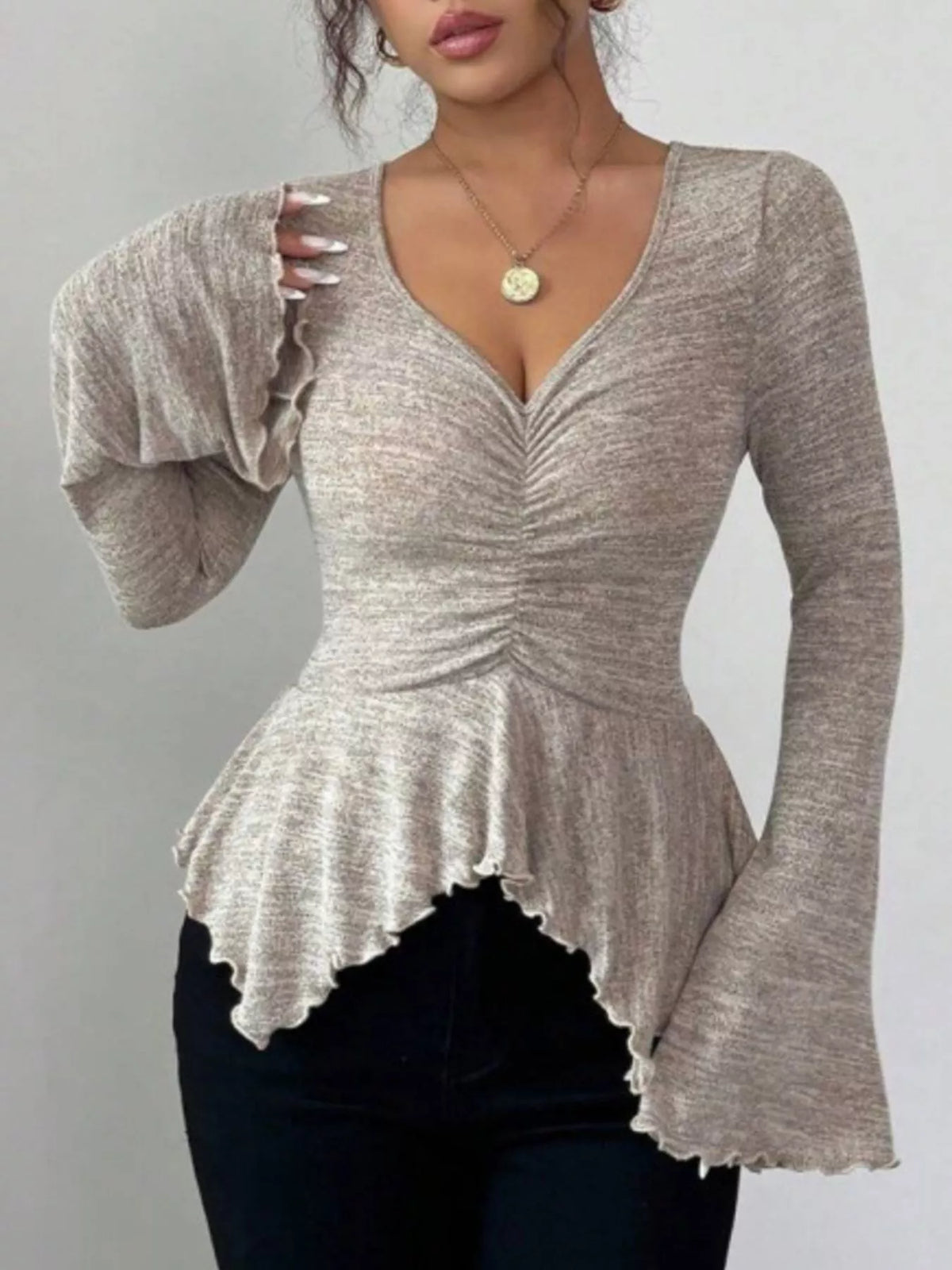 Ruched Flared Sleeves Peplum Top
