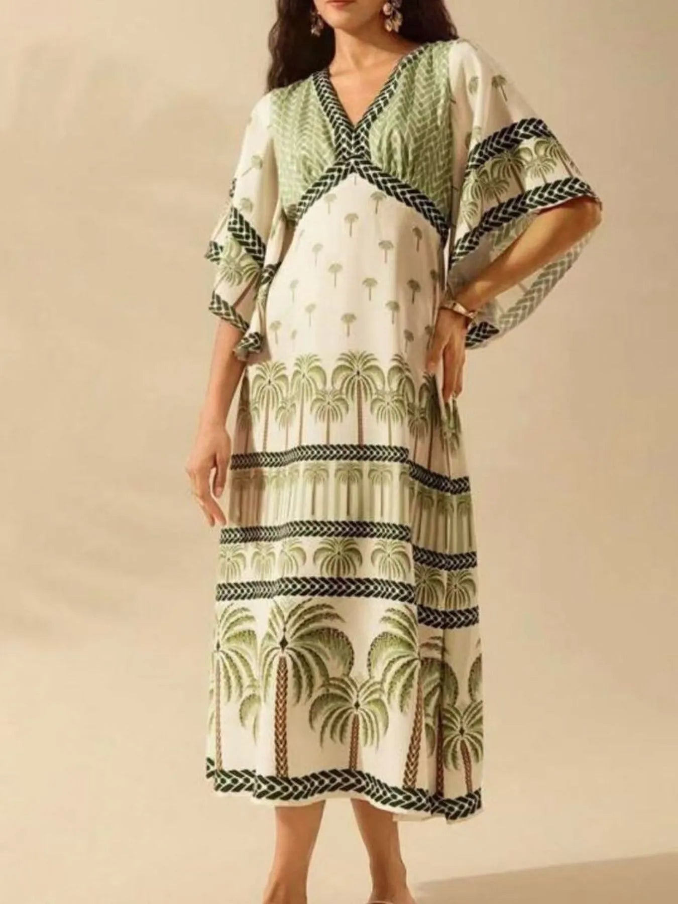 Palm Print V-Neck Midi Dress