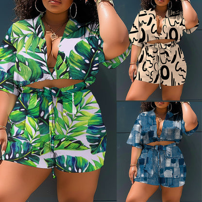 Two Piece Printed plus Size Shorts Set