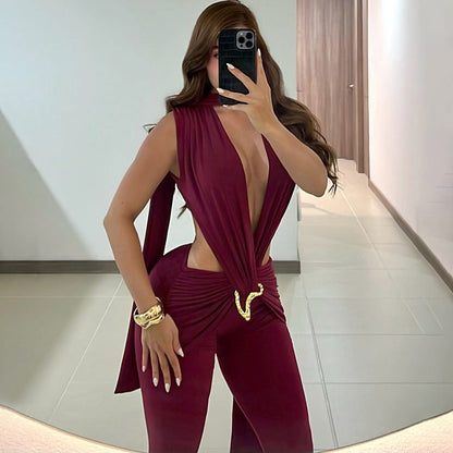 Sleeveless deep V cut hip hugging jumpsuit