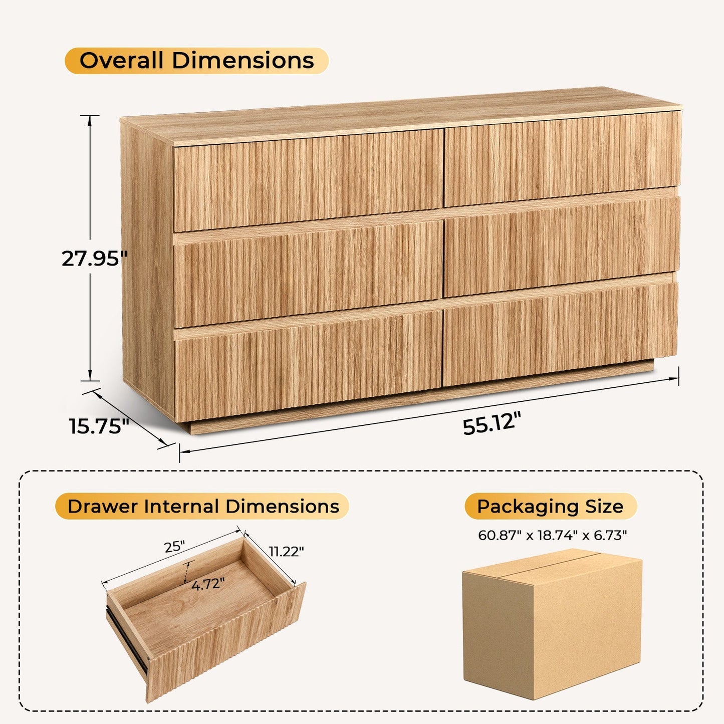 Handleless 6-Drawer Dresser with Grille