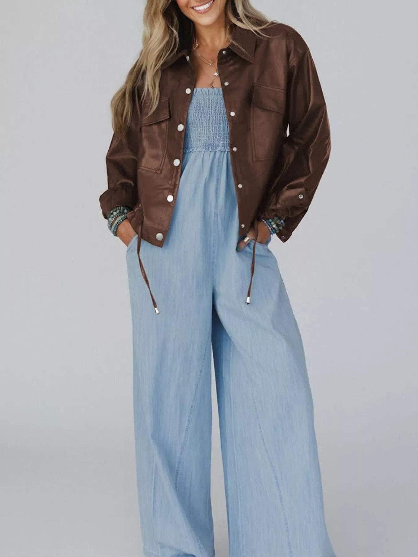 Double Flap Pocket Drawstring Hem Leather Jacket