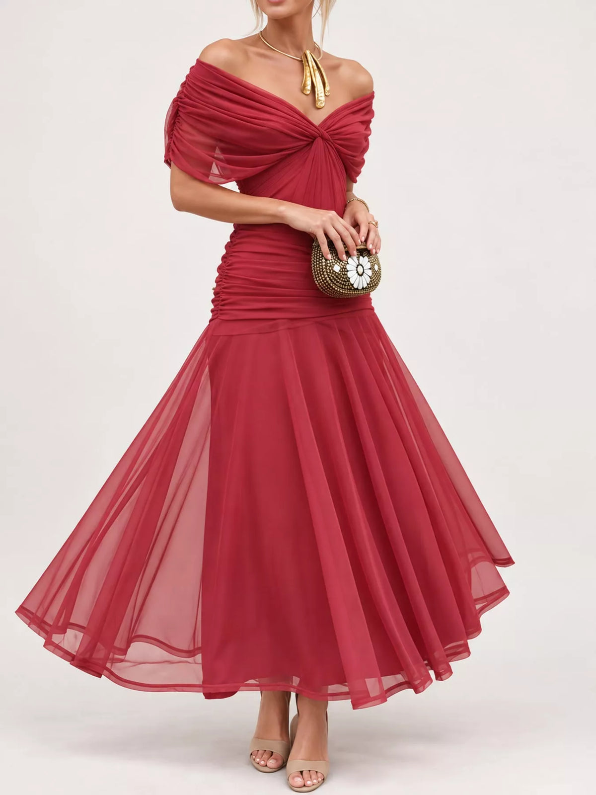 Curvy women's off-shoulder ruched mesh dress, 7 colors
