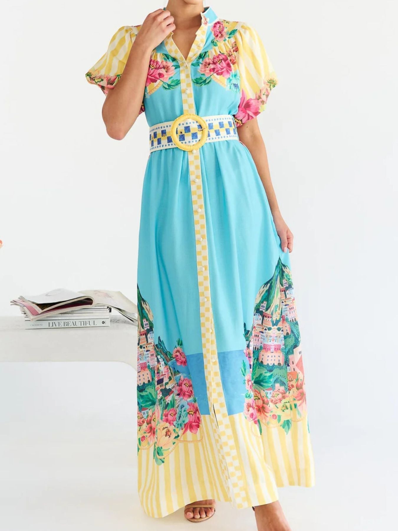 Printed Button Front Puff Sleeve Dress