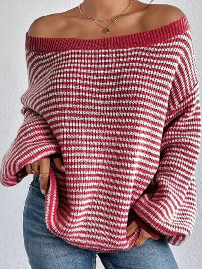 Plus size striped boat neck knit sweater