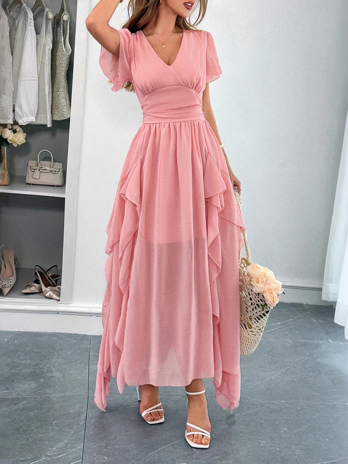 V-Neck Flutter Sleeve Dress
