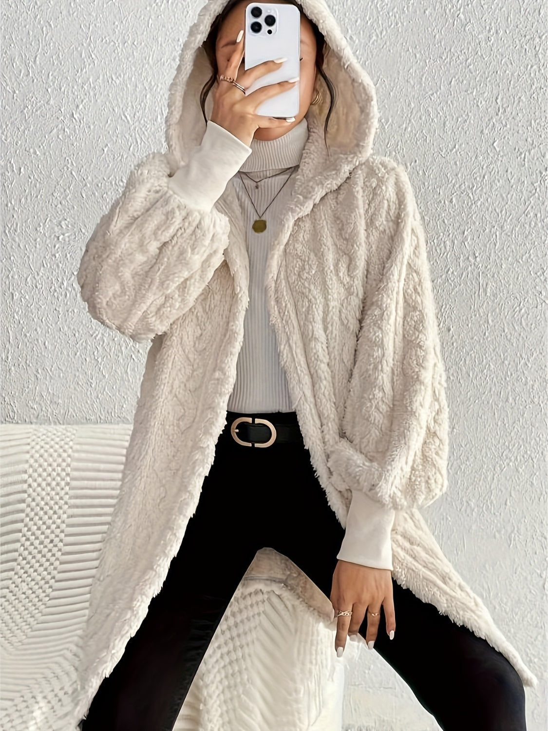 Open Front Fuzzy Hooded Jacket