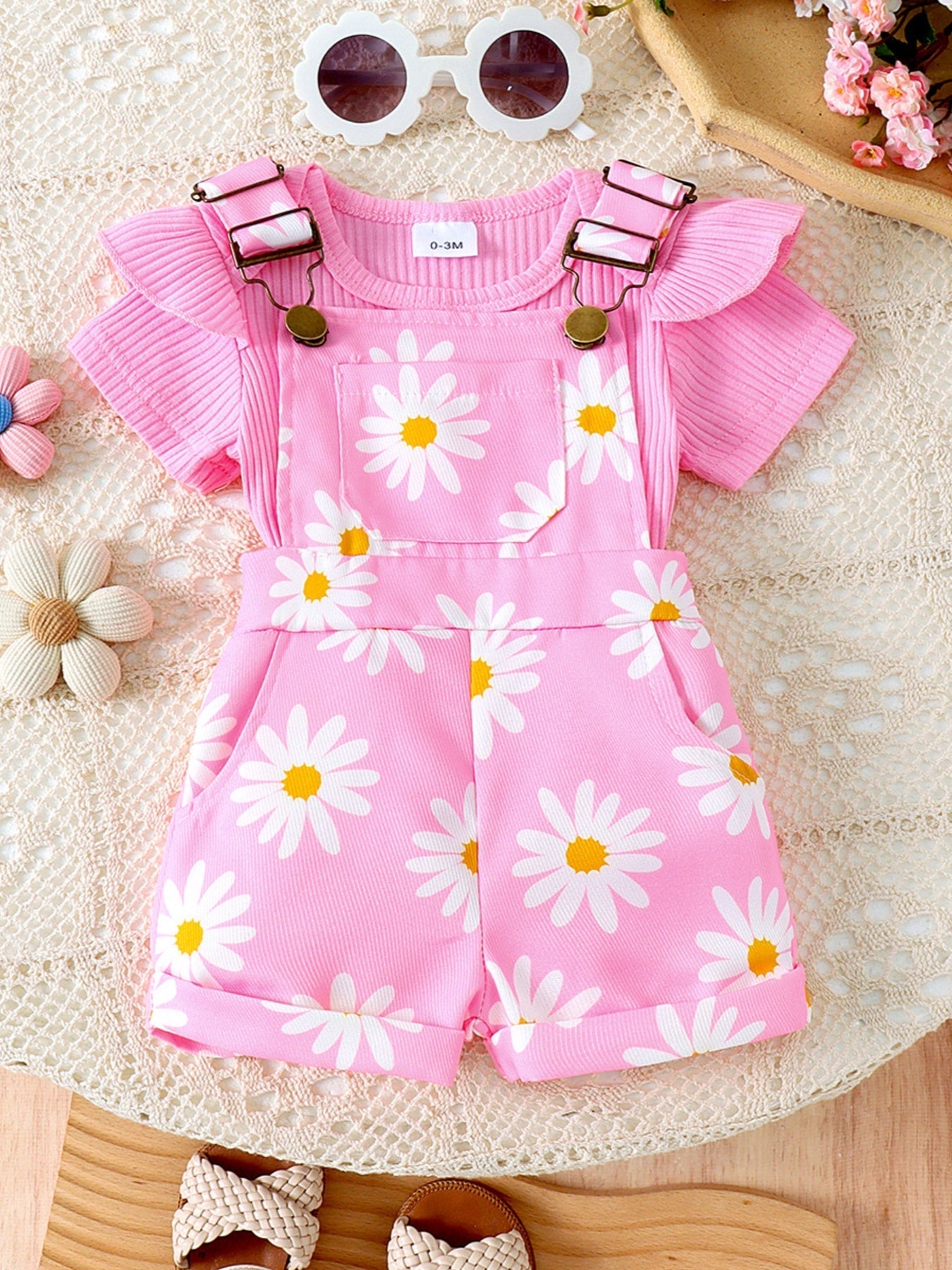 Children's Ruffle Trim Ribbed Top and Daisy Overalls Set