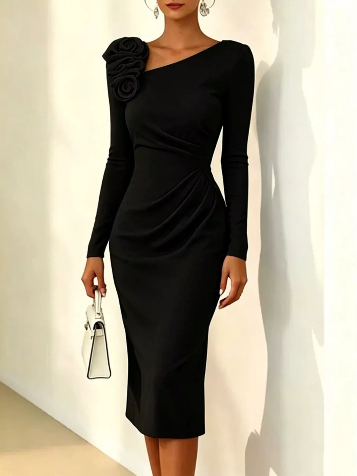 Rose Embellished Asymmetrical Neck Midi Dress