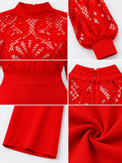 Plus Size Lace Lantern Sleeve Flare Jumpsuit