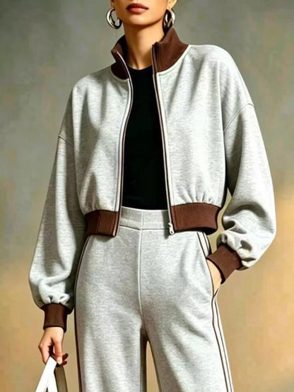 Contrast Ribbed Jacket & Wide-Leg Pants Set