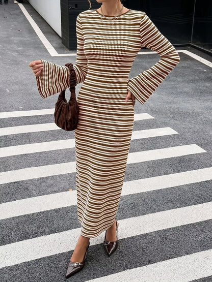 Brown striped ribbed knit maxi dress with flare sleeves