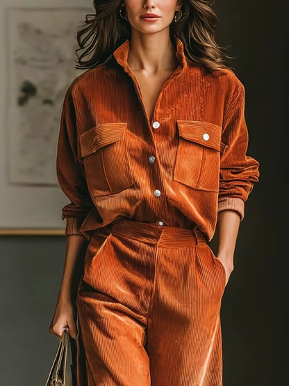 Corduroy Button-Down Shirt and Wide-Leg Pants Two-Piece Set