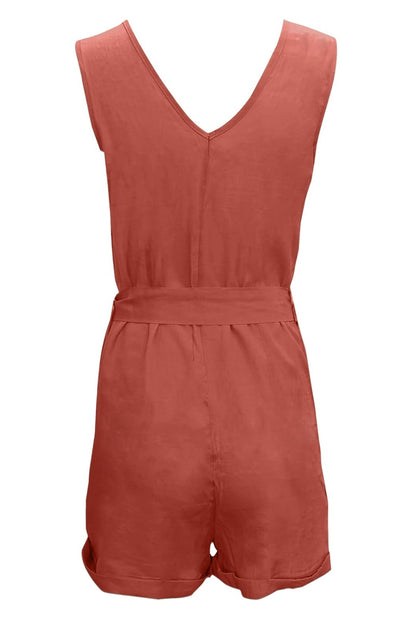 Tied V-Neck Sleeveless Romper with Pockets - MONLANE