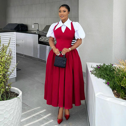 Bubble sleeve shirt collar high waisted dress